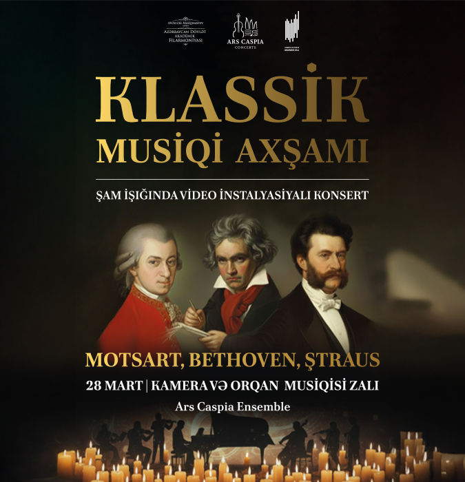An evening of classical music: Mozart, Strauss and Beethoven. Candlelight concert with video installations. Ars Caspia Ensemble