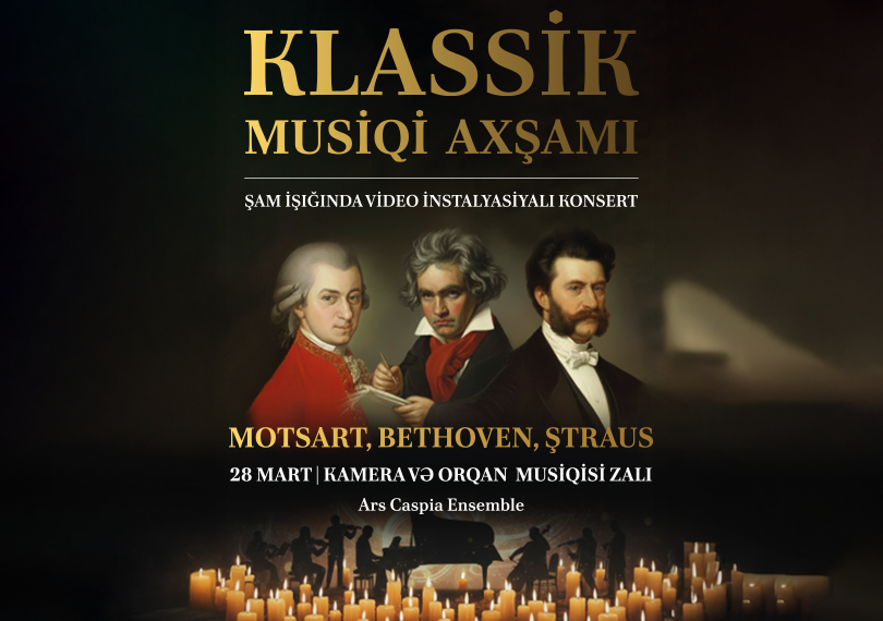 An evening of classical music: Mozart, Strauss and Beethoven. Candlelight concert with video installations. Ars Caspia Ensemble